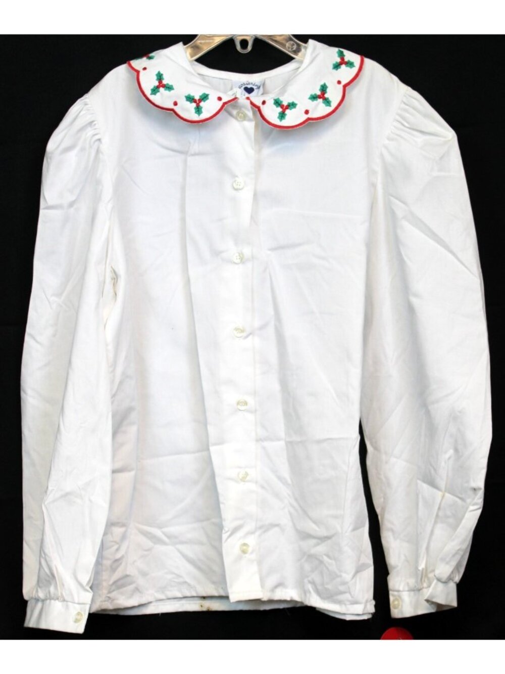 Hartstrings White Blouse sz 14 Embroidered Holly Puff Scallop Christmas Holiday